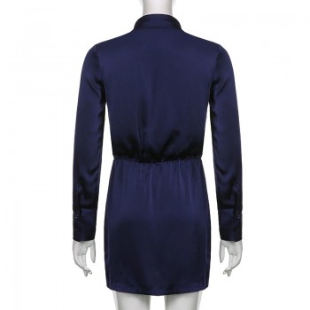 Solid Satin Shirt Dress Elegant Fashion Office Ladies Turn-Down Collar Long Sleeve Mini Dress Blue